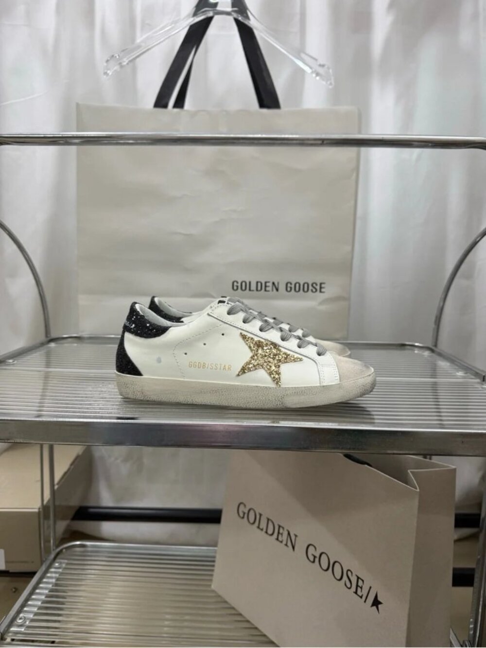 Golden Goose White Sneakers with Gold Glitter Star and Black Heel - Picture 5 of 9
